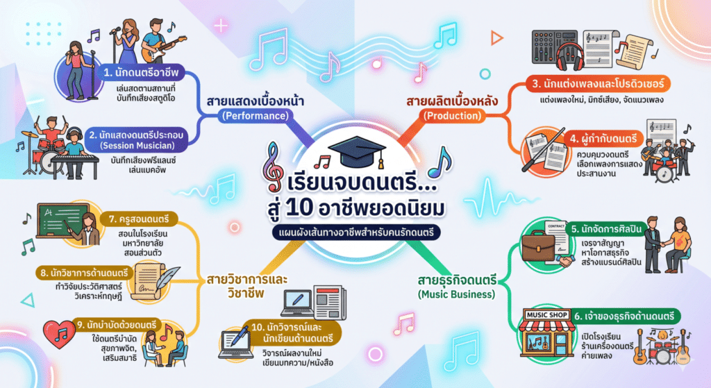 อินโฟกราฟิก Mind Map แนะนำ 10 อาชีพหลังเรียนจบดนตรี แบ่งเป็น 4 สายงานหลัก ได้แก่ สายเบื้องหน้า สายผลิตเบื้องหลัง สายธุรกิจจัดการ และสายวิชาการเฉพาะทาง เพื่อเป็นแนวทางสำหรับผู้ที่รักดนตรีและกำลังค้นหาเส้นทางอาชีพ