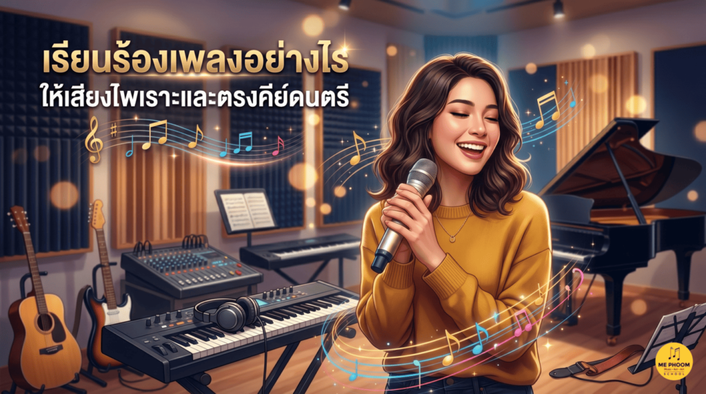 ภาพหน้าปกบทความ ผู้หญิงกำลังยิ้มและร้องเพลงผ่านไมโครโฟนในห้องซ้อมดนตรี พร้อมข้อความ "เรียนร้องเพลงอย่างไรให้เสียงไพเราะและตรงคีย์ดนตรี" แวดล้อมด้วยเปียโน คีย์บอร์ด และกราฟิกตัวโน้ตเพลง