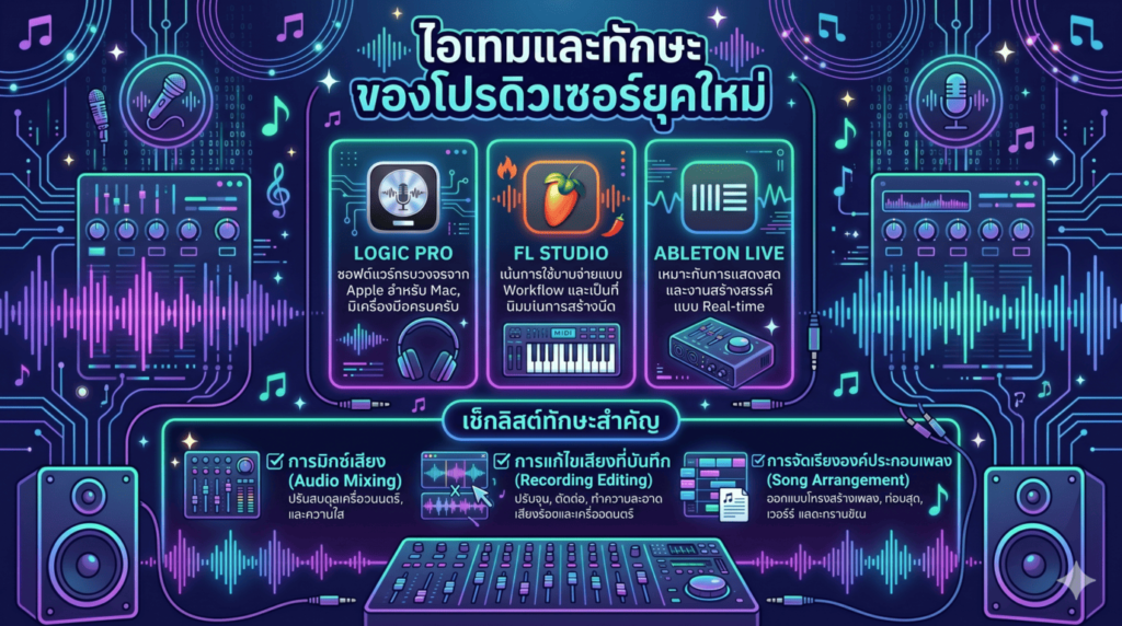 อินโฟกราฟิกแสดงไอเทมและทักษะสำคัญของโปรดิวเซอร์เพลงยุคใหม่ แนะนำซอฟต์แวร์ทำเพลงยอดนิยมอย่าง Logic Pro, FL Studio, Ableton Live และเช็กลิสต์ทักษะที่จำเป็น ได้แก่ การมิกซ์เสียง (Audio Mixing), การแก้ไขเสียงบันทึก (Recording Editing) และการจัดเรียงองค์ประกอบเพลง (Song Arrangement)