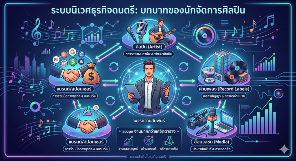 อินโฟกราฟิกภาษาไทยในสไตล์โมเดิร์นไซเบอร์ปัง หัวข้อ 'ระบบนิเวศธุรกิจดนตรี: บทบาทของนักจัดการศิลปิน' ตรงกลางภาพมีผู้จัดการศิลปินชายถือแท็บเล็ตและโทรศัพท์ มีเครือข่ายลูกศรสองทางเชื่อมต่อกับ 4 องค์ประกอบรอบตัว: 1. ศิลปิน (มีนักดนตรีเล่นกีตาร์และไมโครโฟน), 2. ค่ายเพลง (มีตึกสำนักงานและแผ่นเสียง), 3. สื่อมวลชน (มีกล้องวิดีโอและแล็ปท็อป), และ 4. แบรนด์/สปอนเซอร์ (มีภาพคนจับมือ ถุงเงิน และโลโก้แบรนด์ดิจิทัล) ด้านล่างมีกรอบระบุ 'scope งานมากกว่าแค่จัดตาราง' พร้อมไอคอน วางแผนกลยุทธ์ สร้างแบรนด์ และบริหารการเงิน และมีข้อความล่างสุด 'ความสำเร็จในธุรกิจดนตรี' โดยมีพื้นหลังเป็นโน้ตดนตรีและกราฟเส้น