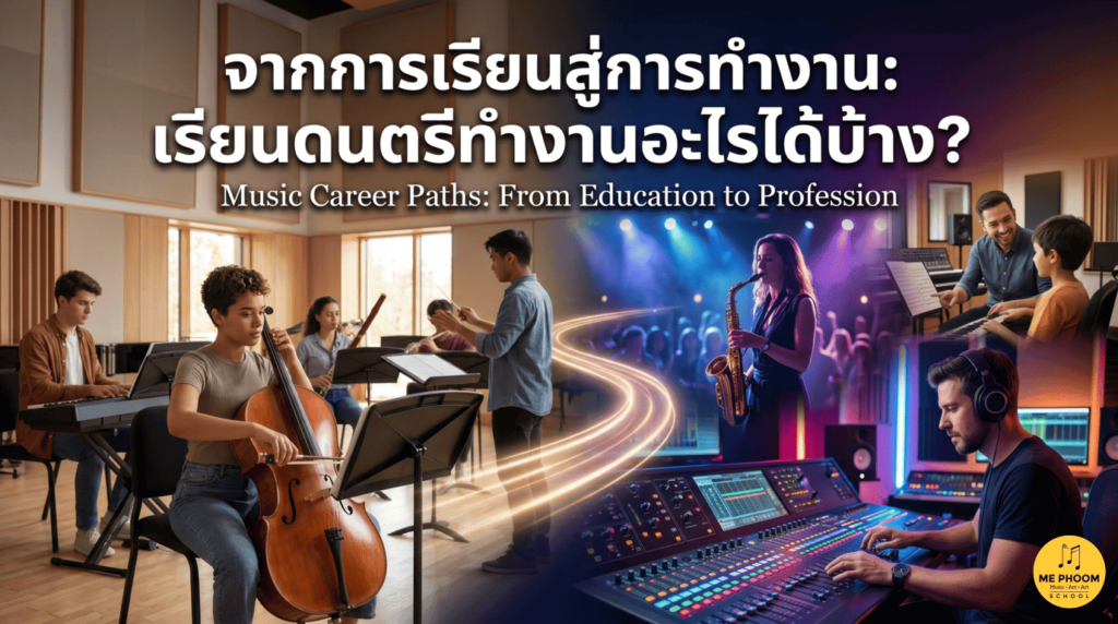 าพหน้าปกบทความ "จากการเรียนสู่การทำงาน: เรียนดนตรีทำงานอะไรได้บ้าง?" แสดงภาพการเชื่อมโยงจากห้องเรียนดนตรี สู่เส้นทางอาชีพจริง เช่น โปรดิวเซอร์ทำเพลง นักดนตรีแสดงสด และครูสอนดนตรี