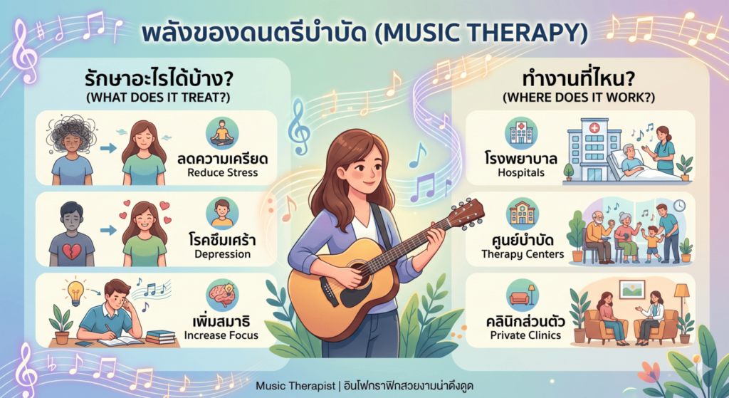 อินโฟกราฟิกเรื่อง "พลังของดนตรีบำบัด (Music Therapy)" แสดงกราฟิกผู้หญิงเล่นกีตาร์อยู่ตรงกลาง แบ่งข้อมูลออกเป็น 2 ด้าน ด้านซ้ายหัวข้อ "รักษาอะไรได้บ้าง?" เช่น ลดความเครียด, โรคซึมเศร้า, และเพิ่มสมาธิ พร้อมภาพประกอบแสดงความเปลี่ยนแปลงและการใช้งาน ด้านขวาหัวข้อ "ทำงานที่ไหน?" เช่น โรงพยาบาล, ศูนย์บำบัด, และคลินิกส่วนตัว พร้อมภาพประกอบแสดงตัวอย่างสถานที่ทำงานจริง สไตล์ภาพวาดการ์ตูนสีสันสดใสแบบพาสเทล