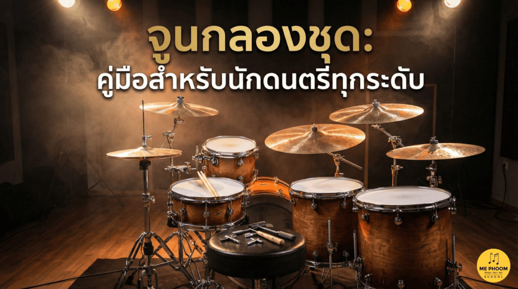 ภาพปกบทความแสดงกลองชุดในสตูดิโอจัดแสงสวยงาม พร้อมข้อความพาดหัว "จูนกลองชุด: คู่มือสำหรับนักดนตรีทุกระดับ" สำหรับสอนวิธีตั้งเสียงกลอง
