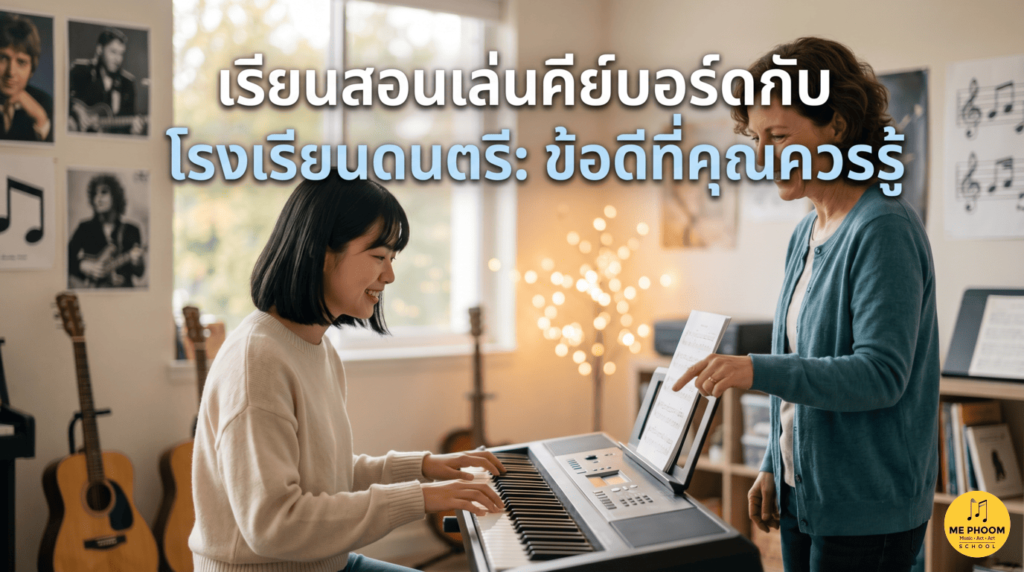 ภาพปกบทความ 'เรียนสอนเล่นคีย์บอร์ดกับโรงเรียนดนตรี: ข้อดีที่คุณควรรู้' แสดงบรรยากาศคุณครูกำลังสอนนักเรียนหญิงเล่นคีย์บอร์ดอย่างใกล้ชิดและเป็นกันเองในห้องเรียนดนตรี
