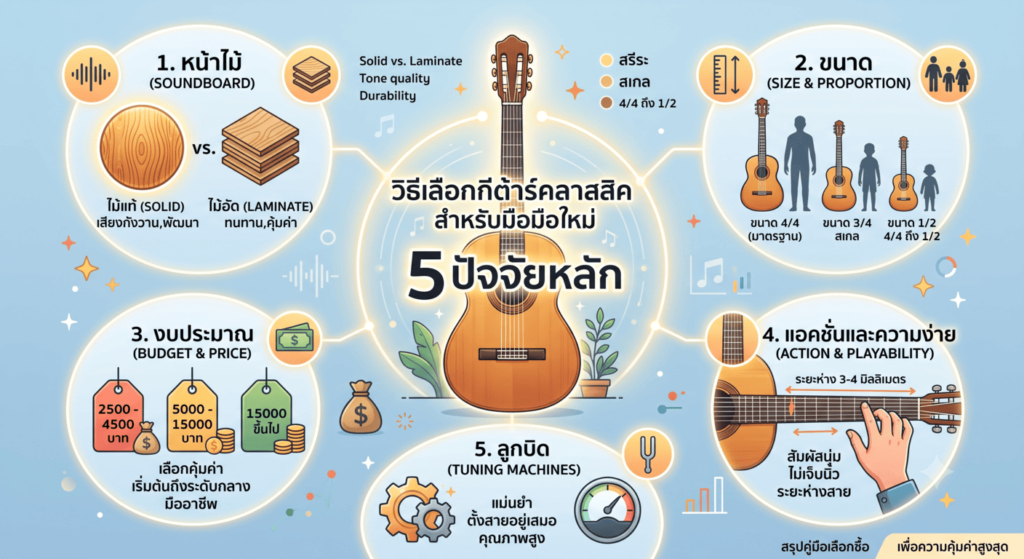 อินโฟกราฟิกสรุป 5 ปัจจัยหลักวิธีเลือกกีต้าร์คลาสสิคสำหรับมือใหม่ อธิบายรายละเอียดเรื่องชนิดของไม้หน้า ขนาดตัวเครื่องที่เหมาะกับสรีระ งบประมาณที่คุ้มค่า ระยะความสูงของสายที่กดง่าย และคุณภาพลูกบิดตั้งสาย
