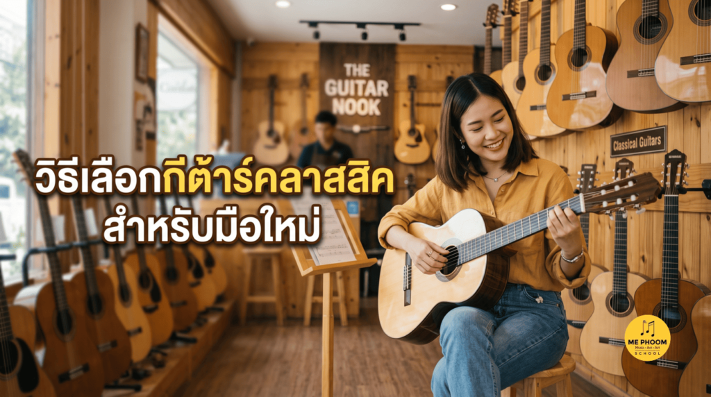 ภาพปกบทความ วิธีเลือกกีต้าร์คลาสสิคสำหรับมือใหม่ รูปผู้หญิงกำลังลองเล่นกีต้าร์คลาสสิคในร้านขายเครื่องดนตรี