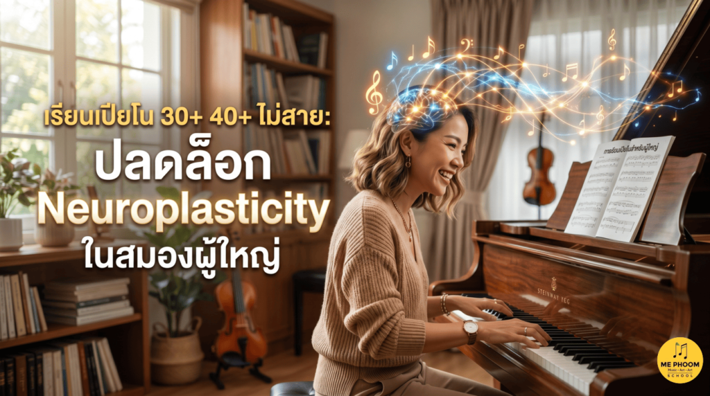 ภาพปกบทความ ผู้หญิงวัยทำงานกำลังยิ้มและเล่นเปียโนอย่างมีความสุข โดยมีกราฟิกเส้นใยประสาทและตัวโน้ตดนตรีเรืองแสงเชื่อมโยงกับสมอง สื่อถึงการทำงานของ Neuroplasticity พร้อมตัวอักษรหัวข้อบทความ "เรียนเปียโน 30+ 40+ ไม่สาย: ปลดล็อก Neuroplasticity ในสมองผู้ใหญ่