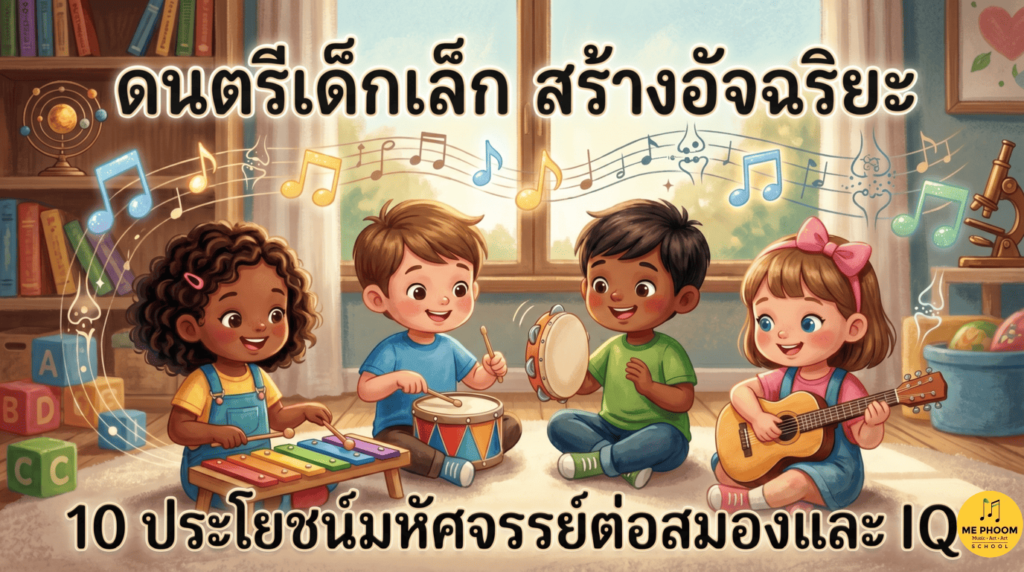 ด็กเล็กกำลังเล่นเครื่องดนตรี เช่น ไซโลโฟน กลอง และกีตาร์ ในห้องเรียน ภาพประกอบบทความประโยชน์ของดนตรีที่มีผลต่อพัฒนาการทางสมองและเพิ่ม IQ ของเด็ก