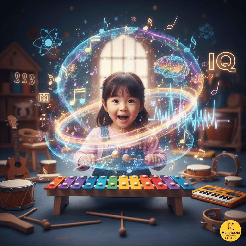 เด็กหญิงตัวน้อยกำลังเล่นไซโลโฟนอย่างมีความสุข มีวงแหวนแสงสีและโน้ตดนตรีล้อมรอบศีรษะ พร้อมสัญลักษณ์สมองและ IQ สื่อถึงประโยชน์ของดนตรีเด็กเล็กต่อพัฒนาการทางปัญญา