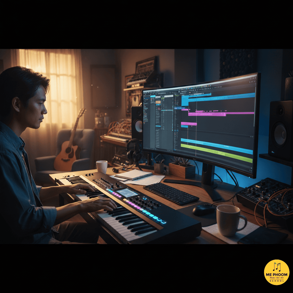 ชายหนุ่มผิวเอเชียกำลังเล่นคีย์บอร์ดไฟฟ้าในห้องสตูดิโอส่วนตัวที่จัดแสงสลัวๆ โดยมีหน้าจอคอมพิวเตอร์ขนาดใหญ่แสดงโปรแกรมทำเพลง (DAW) อยู่ด้านหน้า เขาสวมเสื้อเชิ้ตสีน้ำเงินเข้มและกำลังใช้มือทั้งสองข้างเล่นคีย์บอร์ด บนโต๊ะยังมีเมาส์ คีย์บอร์ดคอมพิวเตอร์ หูฟัง แก้วกาแฟ และสมุดจดอยู่ด้วย ด้านหลังมีกีตาร์โปร่งวางพิงเก้าอี้และเครื่องดนตรีอื่นๆ บรรยากาศโดยรวมสื่อถึงการสร้างสรรค์ดนตรีและการทำงานในสตูดิโอ