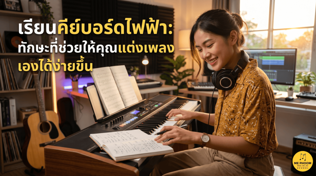 ภาพปกบทความ "เรียนคีย์บอร์ดไฟฟ้า: ทักษะที่ช่วยให้คุณแต่งเพลงเองได้ง่ายขึ้น" แสดงบรรยากาศคนกำลังเล่นคีย์บอร์ดไฟฟ้าและทำเพลง