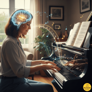 ผู้หญิงวัย 30-40+ กำลังเรียนเปียโนในบ้าน เน้นภาพสมองที่ส่องสว่างสื่อถึง Neuroplasticity และความสามารถในการเรียนเปียโนของผู้ใหญ่