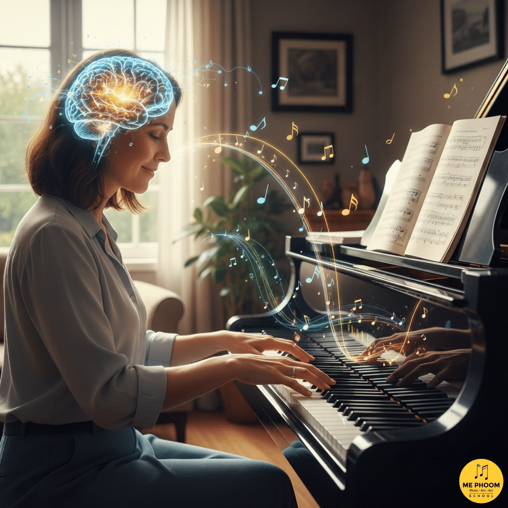 ผู้หญิงวัย 30-40+ กำลังเรียนเปียโนในบ้าน เน้นภาพสมองที่ส่องสว่างสื่อถึง Neuroplasticity และความสามารถในการเรียนเปียโนของผู้ใหญ่