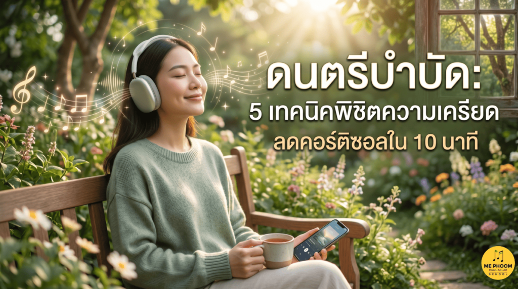 ภาพปกบทความ หญิงสาวกำลังหลับตาฟังเพลงผ่านหูฟังอย่างผ่อนคลายท่ามกลางธรรมชาติในสวน พร้อมตัวอักษรบนภาพ "ดนตรีบำบัด: 5 เทคนิคพิชิตความเครียด ลดคอร์ติซอลใน 10 นาที" สื่อถึงการใช้เสียงเพลงเพื่อลดความเครียดและผ่อนคลายจิตใจ