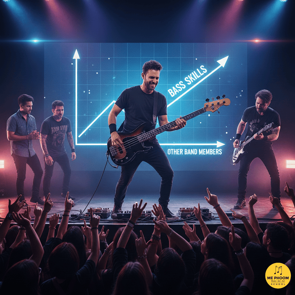 รูปภาพที่สื่อถึงความสามารถอันโดดเด่นของมือเบส โดยมีมือเบสยืนอยู่ตรงกลางเวที คาดเข็มขัดนิรภัยและยิ้มอย่างมั่นใจ ขณะที่กราฟเรืองแสงสีน้ำเงินด้านหลังแสดงให้เห็นว่า "BASS SKILLS" (ทักษะเบส) พุ่งสูงขึ้น เมื่อเทียบกับ "OTHER BAND MEMBERS" (สมาชิกวงคนอื่น ๆ) สมาชิกวงที่เหลือยืนอยู่ด้านข้าง มีฝูงชนจำนวนมากด้านล่างที่กำลังชูมือขึ้นอย่างตื่นเต้น