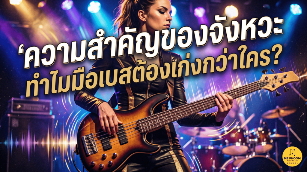 รูปภาพหน้าปกบทความดนตรี แสดงนักดนตรีหญิงกำลังเล่นกีตาร์เบสบนเวทีคอนเสิร์ต พร้อมข้อความหัวข้อ 'ความสำคัญของจังหวะ: ทำไมมือเบสต้องเก่งกว่าใคร?