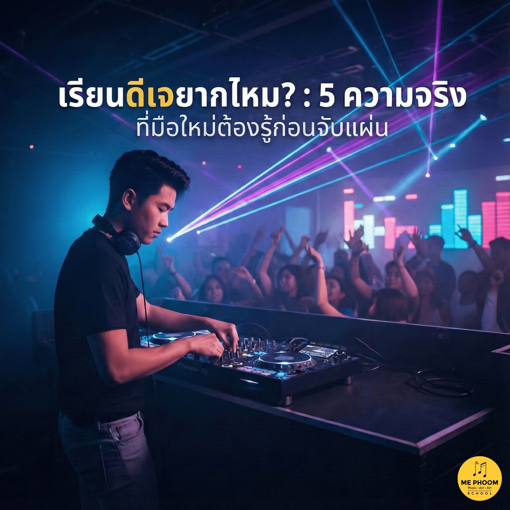 ดีเจชายกำลังมิกซ์เพลงด้วยเครื่อง Controller ในงานปาร์ตี้ ประกอบบทความ เรียนดีเจยากไหม โดย โรงเรียนสอนดนตรีมีภูมิ