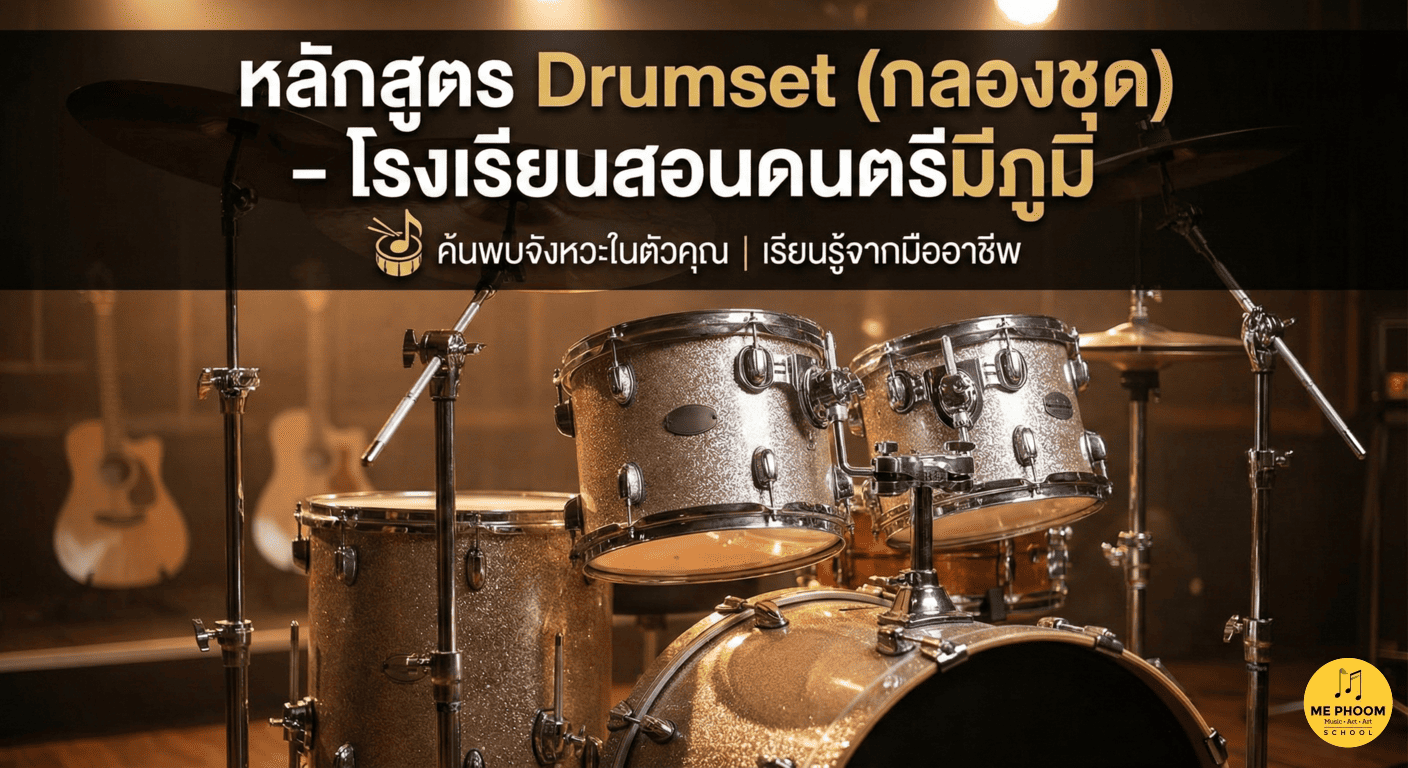 ภาพปกหลักสูตรเรียนกลองชุด (Drumset) ที่โรงเรียนสอนดนตรีมีภูมิ พร้อมข้อความเชิญชวนและภาพกลองชุดคุณภาพสูง แสงสีสวยงาม