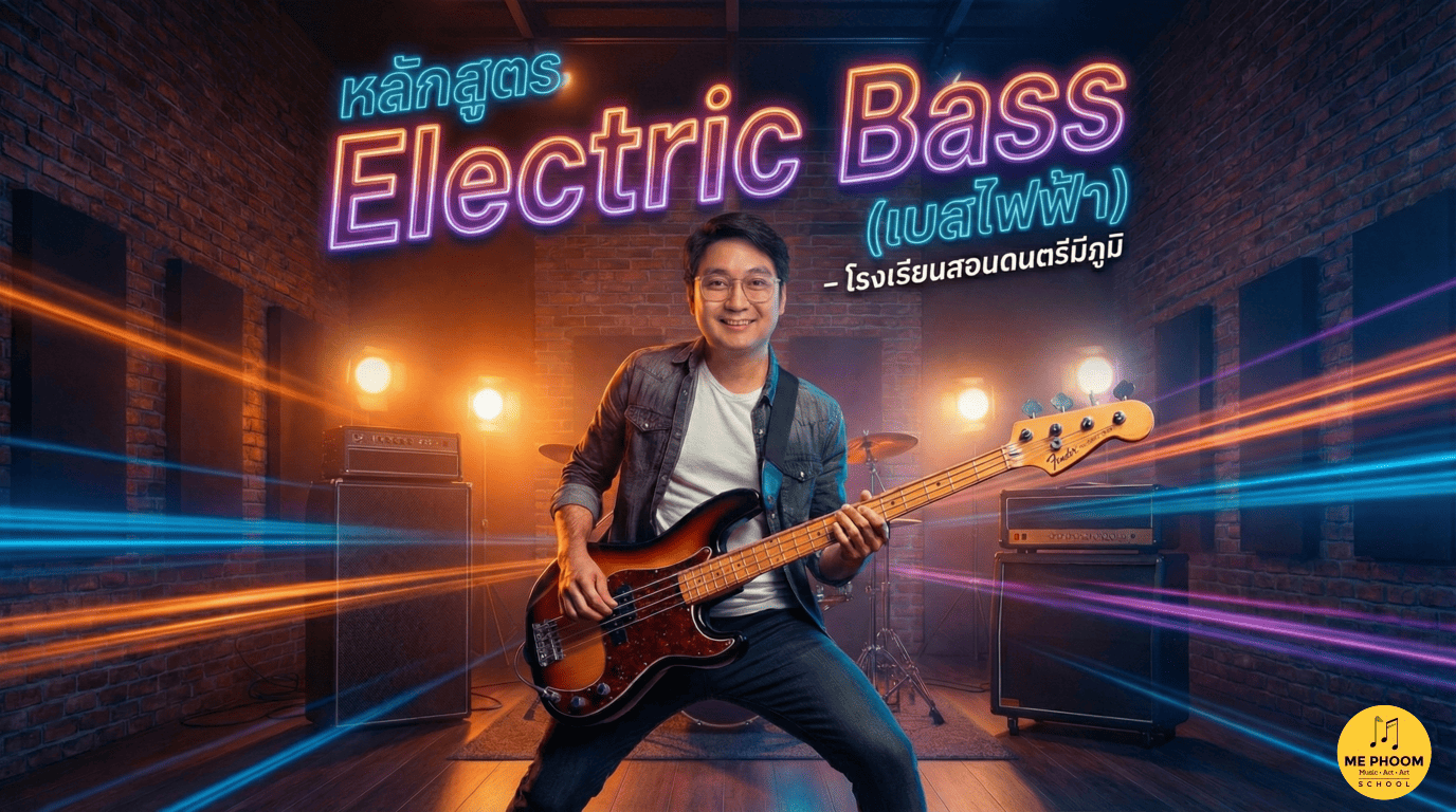 ภาพหน้าปกบทความหลักสูตร Electric Bass (เบสไฟฟ้า) ของโรงเรียนสอนดนตรีมีภูมิ แสดงรูปชายหนุ่มกำลังเล่นกีตาร์เบสในห้องซ้อมดนตรีที่มีแสงสีสวยงาม พร้อมข้อความโปรโมทคอร์สเรียน