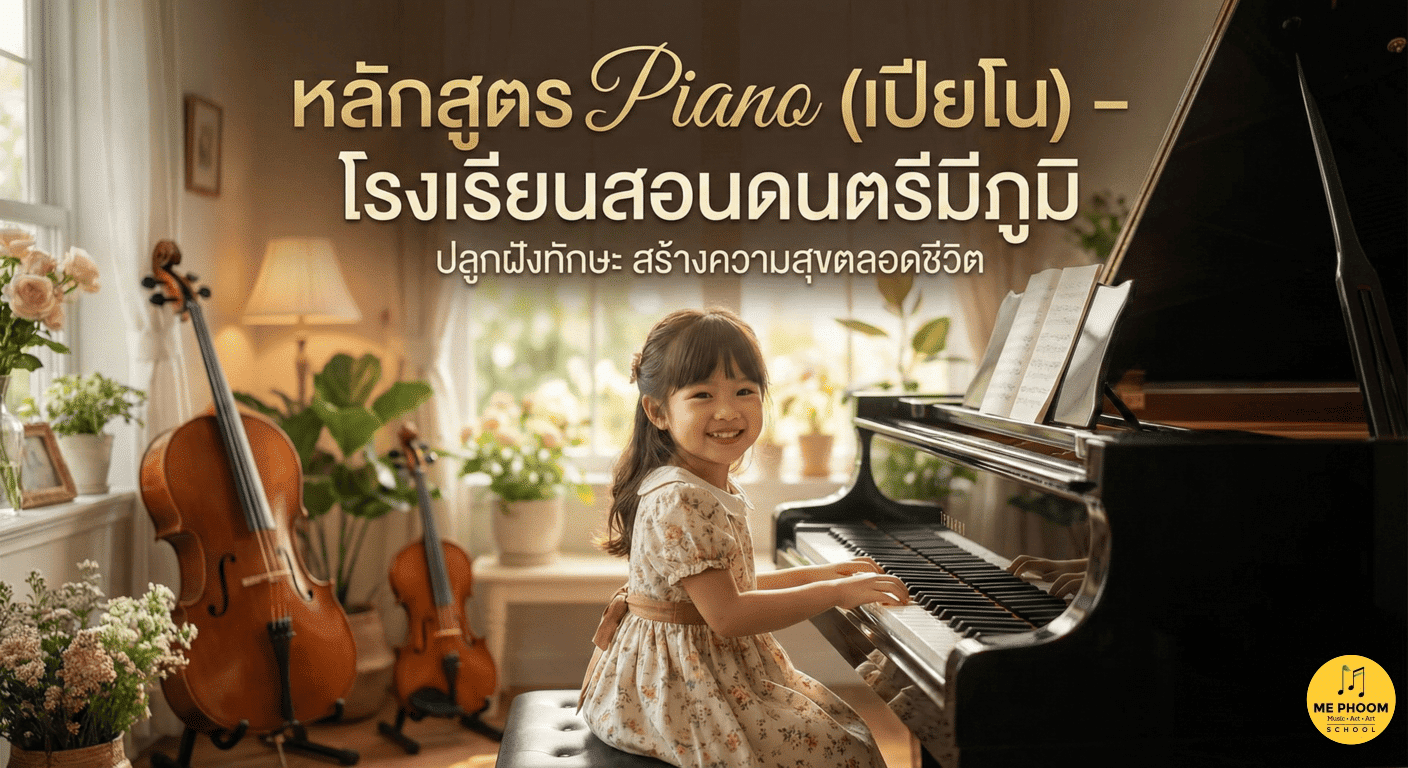 ภาพเด็กผู้หญิงกำลังเล่นเปียโนด้วยความสุข สำหรับหน้าปกบทความ หลักสูตร Piano (เปียโน) – โรงเรียนสอนดนตรีมีภูมิ