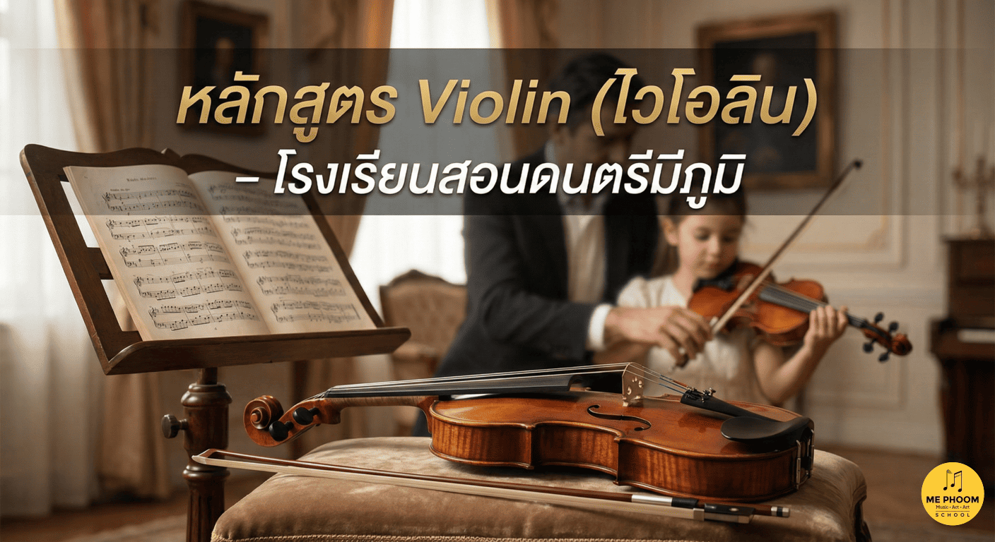 ภาพไวโอลินในบรรยากาศคลาสสิก พร้อมข้อความหัวข้อบทความ 'หลักสูตร Violin (ไวโอลิน) – โรงเรียนสอนดนตรีมีภูมิ' สำหรับผู้สนใจเรียนไวโอลิน