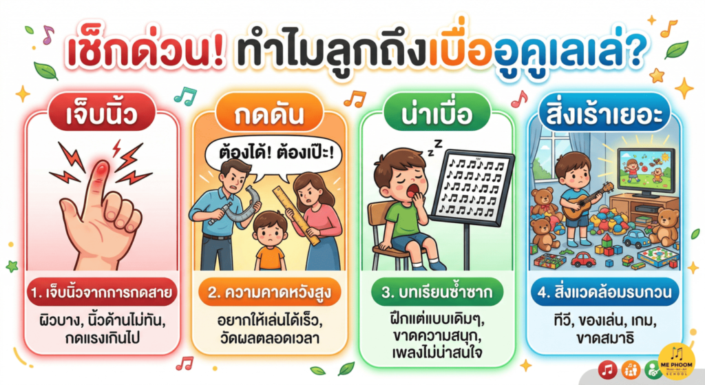 ภาพอินโฟกราฟิกหัวข้อ "เช็กด่วน! ทำไมลูกถึงเบื่ออูคูเลเล่?" แสดง 4 สาเหตุหลัก ได้แก่ 1. อาการเจ็บนิ้วจากการกดสาย 2. ความกดดันจากความคาดหวัง 3. ความน่าเบื่อจากบทเรียนซ้ำซาก และ 4. การขาดสมาธิเพราะสิ่งเร้ารอบตัวเยอะ