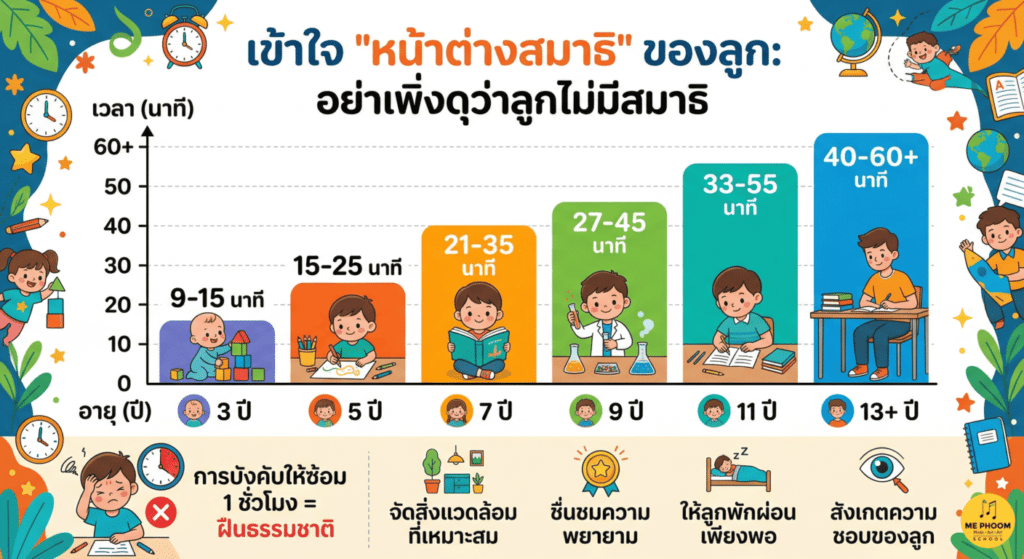 อินโฟกราฟิกแสดงกราฟเปรียบเทียบระยะเวลาสมาธิของเด็กตามช่วงอายุ ตั้งแต่ 3-7 ปี พร้อมคำแนะนำสำหรับพ่อแม่ในการปรับความคาดหวังเวลาให้ลูกฝึกซ้อม