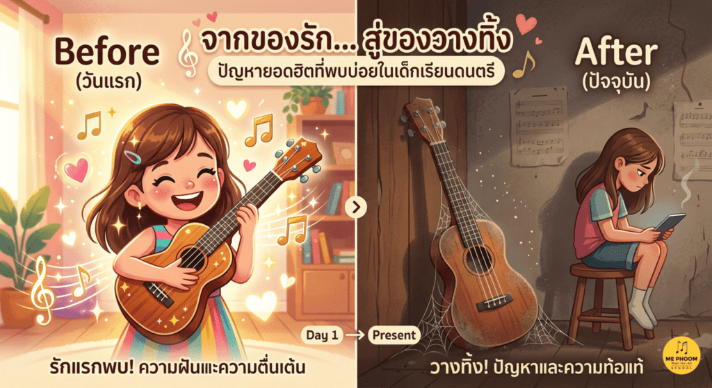 ภาพอินโฟกราฟิกเปรียบเทียบ Before & After ของเด็กเรียนดนตรี ฝั่งซ้ายคือเด็กหญิงที่กำลังตื่นเต้นและมีความสุขกับอูคูเลเล่ตัวใหม่ในวันแรก ฝั่งขวาคือภาพอูคูเลเล่ที่ถูกวางทิ้งไว้จนมีฝุ่นและใยแมงมุมเกาะ โดยมีเด็กหญิงนั่งดูสมาร์ทโฟนด้วยท่าทีเบื่อหน่ายอยู่ด้านหลัง พร้อมข้อความ "จากของรัก... สู่ของวางทิ้ง ปัญหายอดฮิตที่พบบ่อยในเด็กเรียนดนตรี