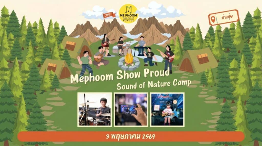 โปสเตอร์โปรโมทงานแสดงดนตรีนักเรียน Mephoom Show Proud ธีมแคมป์ปิ้ง Sound of Nature Camp จัดโดยโรงเรียนดนตรีมีภูมิ (Me Phoom Music School) วันที่ 3 พฤษภาคม 2569 ณ ช่างชุ่ย