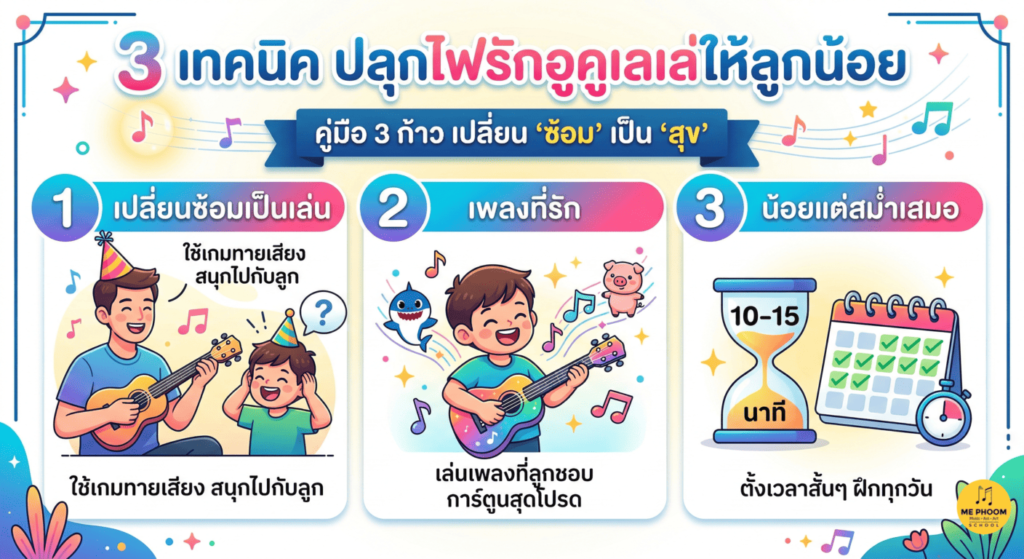 อินโฟกราฟิกแบบการ์ตูนสดใส ภาษาไทย หัวข้อ '3 เทคนิค ปลุกไฟรักอูคูเลเล่ให้ลูกน้อย' พร้อมคำบรรยาย 'คู่มือ 3 ก้าว เปลี่ยน 'ซ้อม' เป็น 'สุข''. แบ่งเป็น 3 ส่วนหลัก: 1. เปลี่ยนซ้อมเป็นเล่น มีรูปพ่อกับลูกใส่หมวกปาร์ตี้ เล่นเกมทายเสียง 2. เพลงที่รัก มีเด็กเล่นอูคูเลเล่โดยมีตัวการ์ตูนปลาหลามและหมูลอยออกมาเป็นโน้ตเพลง และ 3. น้อยแต่สม่ำเสมอ มีรูปนาฬิกาทรายระบุเวลา 10-15 นาที และปฏิทินที่มีเครื่องหมายถูกในทุกวัน