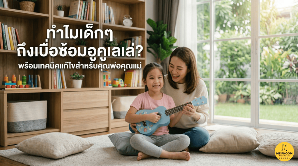 คุณแม่และลูกสาวนั่งยิ้มอย่างมีความสุขขณะฝึกเล่นอูคูเลเล่ที่บ้าน ภาพประกอบบทความเทคนิคแก้ปัญหาเด็กเบื่อซ้อมอูคูเลเล่สำหรับคุณพ่อคุณแม่