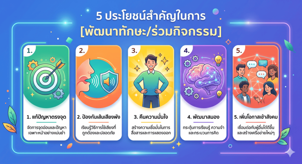 ภาพอินโฟกราฟิกแบบ Listicle สรุป 5 ประโยชน์สำคัญของการเรียนร้องเพลงและการใช้เสียง ได้แก่ 1. แก้ปัญหาตรงจุด 2. ป้องกันเส้นเสียงพัง 3. คืนความมั่นใจ 4. พัฒนาสมอง และ 5. เพิ่มโอกาสเข้าสังคม ออกแบบด้วยสีสันสดใสพร้อมภาพประกอบที่เข้าใจง่าย