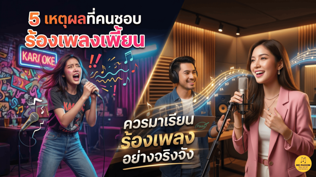 ภาพกราฟิกเปรียบเทียบพฤติกรรมการร้องเพลง โดยฝั่งซ้ายเป็นผู้หญิงที่ร้องเพลงเพี้ยนในห้องคาราโอเกะ และฝั่งขวาเป็นผู้หญิงที่กำลังร้องเพลงอย่างมั่นใจในสตูดิโอร่วมกับครูสอนร้องเพลง พร้อมข้อความบนภาพ '5 เหตุผลที่คนชอบร้องเพลงเพี้ยน ควรมาเรียนร้องเพลงอย่างจริงจัง