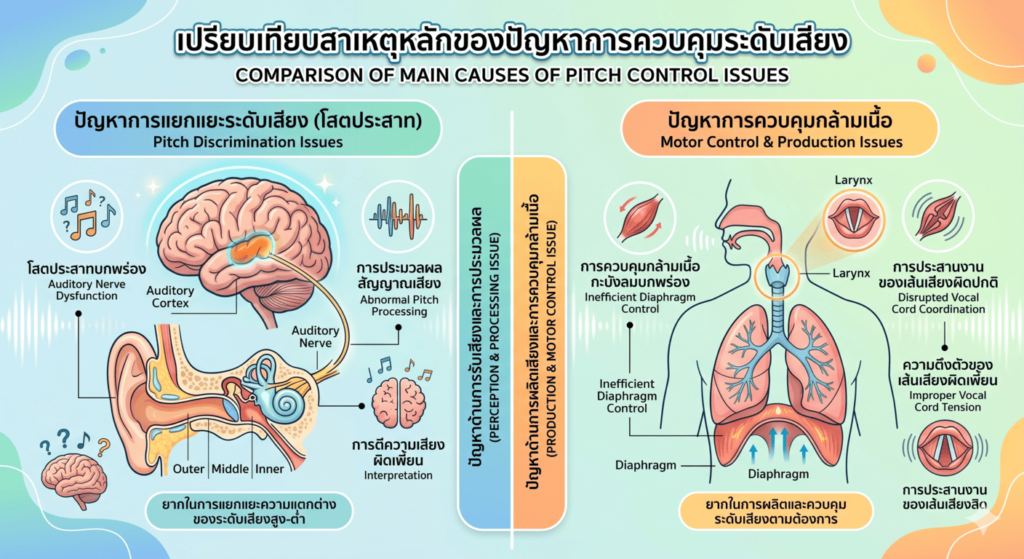ภาพอินโฟกราฟิกเปรียบเทียบ 2 สาเหตุหลักของปัญหาการควบคุมระดับเสียงหรืออาการร้องเพลงเพี้ยน ฝั่งซ้ายแสดงปัญหาด้านการแยกแยะระดับเสียงผ่านโสตประสาท (ภาพจำลองสมองและโครงสร้างหู) และฝั่งขวาแสดงปัญหาด้านการควบคุมกล้ามเนื้อในการเปล่งเสียง (ภาพจำลองระบบทางเดินหายใจ กะบังลม และเส้นเสียง)