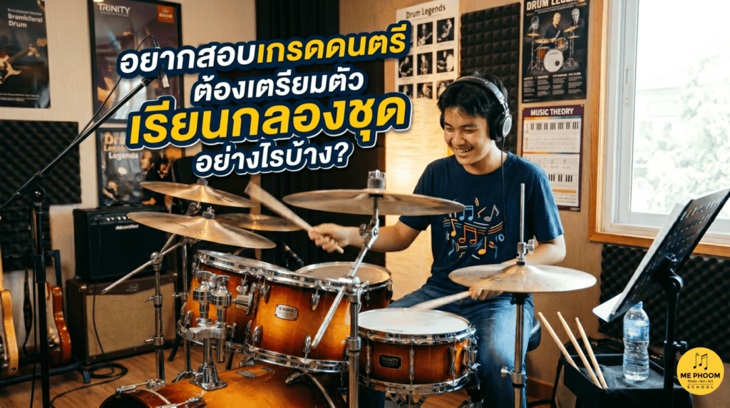 ภาพปกบทความ "อยากสอบเกรดดนตรี ต้องเตรียมตัว เรียนกลองชุด อย่างไรบ้าง?" แนะนำวิธีเตรียมตัวสอบตีกลองชุดของ Trinity College London