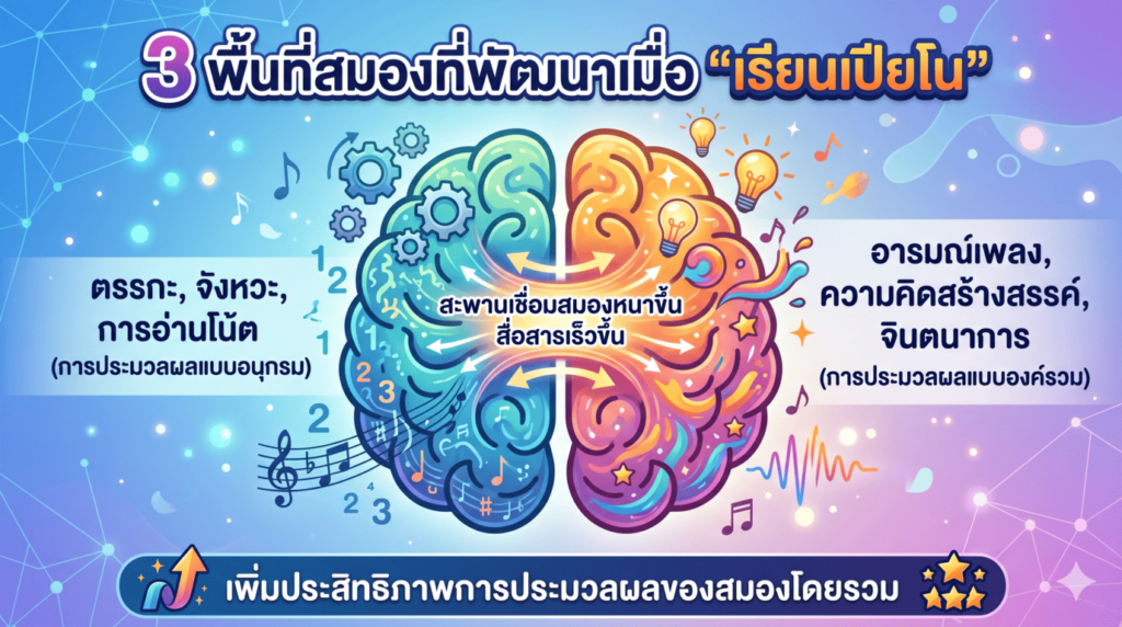 อินโฟกราฟิกแสดง 3 พื้นที่สมองที่พัฒนาเมื่อเรียนเปียโน อธิบายการทำงานของสมองซีกซ้ายด้านตรรกะและจังหวะ สมองซีกขวาด้านอารมณ์และความคิดสร้างสรรค์ พร้อมการเชื่อมต่อของคอร์ปัสแคลโลซัมที่ช่วยเพิ่มประสิทธิภาพการประมวลผลของสมองโดยรวม