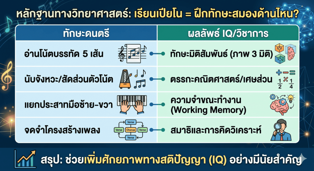 อินโฟกราฟิกหลักฐานทางวิทยาศาสตร์เปรียบเทียบทักษะดนตรีจากการเรียนเปียโน เช่น การอ่านโน้ตและแยกประสาทมือซ้าย-ขวา กับผลลัพธ์ทางวิชาการที่พัฒนาขึ้น เช่น ทักษะมิติสัมพันธ์ ตรรกะคณิตศาสตร์ ความจำขณะทำงาน (Working Memory) และสมาธิ สรุปผลลัพธ์การช่วยเพิ่มศักยภาพทางสติปัญญา (IQ) อย่างมีนัยสำคัญ