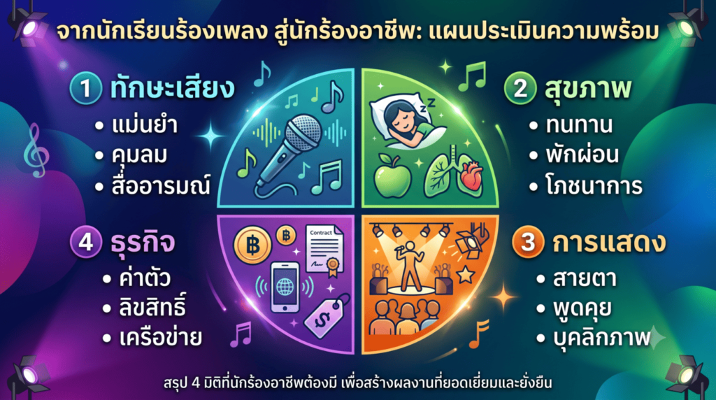 อินโฟกราฟิกสรุปแผนประเมินความพร้อม 4 มิติ จากนักเรียนร้องเพลงสู่นักร้องอาชีพ ประกอบด้วย ทักษะเสียง, สุขภาพ, การแสดง, และธุรกิจ สำหรับผู้ที่ต้องการ เรียนร้องเพลง เพื่อก้าวสู่มืออาชีพ