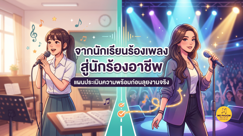 ภาพกราฟิกแบ่งครึ่งหน้าจอแสดงเส้นทางการเติบโตของนักร้อง ด้านซ้ายเป็นเด็กนักเรียนหญิงในชุดนักเรียนกำลังร้องเพลงพร้อมถือไมโครโฟนในห้องเรียนดนตรี ด้านขวาเป็นหญิงสาวคนเดียวกันในลุคนักร้องมืออาชีพกำลังแสดงบนเวทีคอนเสิร์ตที่มีแสงไฟสปอตไลต์สวยงาม ตรงกลางภาพมีข้อความตัวอักษรขนาดใหญ่เขียนว่า "จากนักเรียนร้องเพลง สู่นักร้องอาชีพ แผนประเมินความพร้อมก่อนลุยงานจริง"